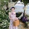 Mist Purple Heavy Industry Handmade Rose Neck Dress Lotus Leaf Edge Printed Holiday Dress