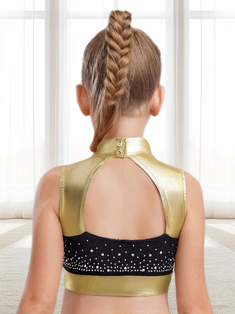 Dívčí taneční crop top s falešným rolákem, bez rukávů, s výřezem na zádech, lesklými kamínky, barevným blokováním, na vystoupení