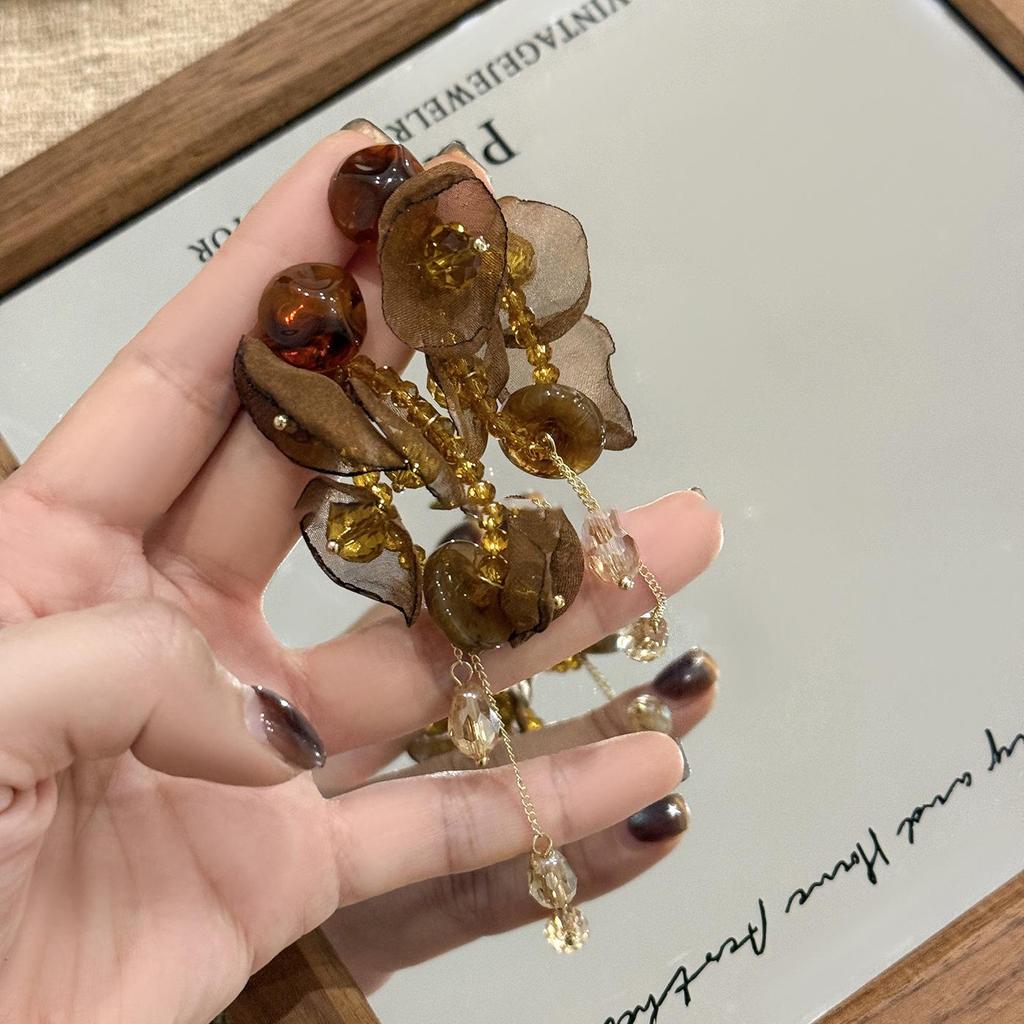 Boucles d'oreilles Puce Fleur en Mousseline Aiguille d'Argent Pompon en Résine Rétro Y2K - Bijoux de Niche Haut de Gamme