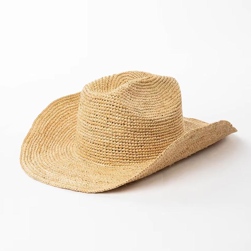 

Hand-crocheted Natural Raffia Straw Western Cowboy Hat for Women Men Summer Wide Brim Sun Hat Outdoor Breathable Beach Panama M 56-58cm соломенный