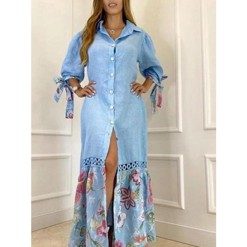 Damska sukienka koszulowa z długim rękawem i sznurowaniem w stylu patchworkowym i z długim rękawem