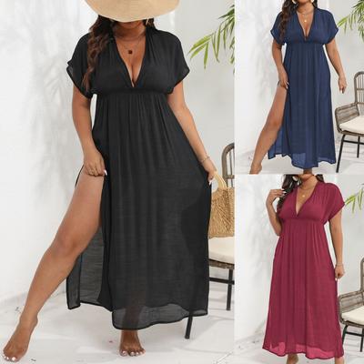 Solid Beach Cover Up Dress for Women Summer Deep V-neck Short Sleeve Hem Split Long Dress Casual Vacation Beach Dress Breathable Thin Plus Dress