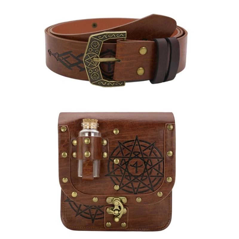 Set of 2pcs Medieval Style Alchemist Bottle Waist Pouch Belt Set For Role Playing Costume Accessories PU Leather