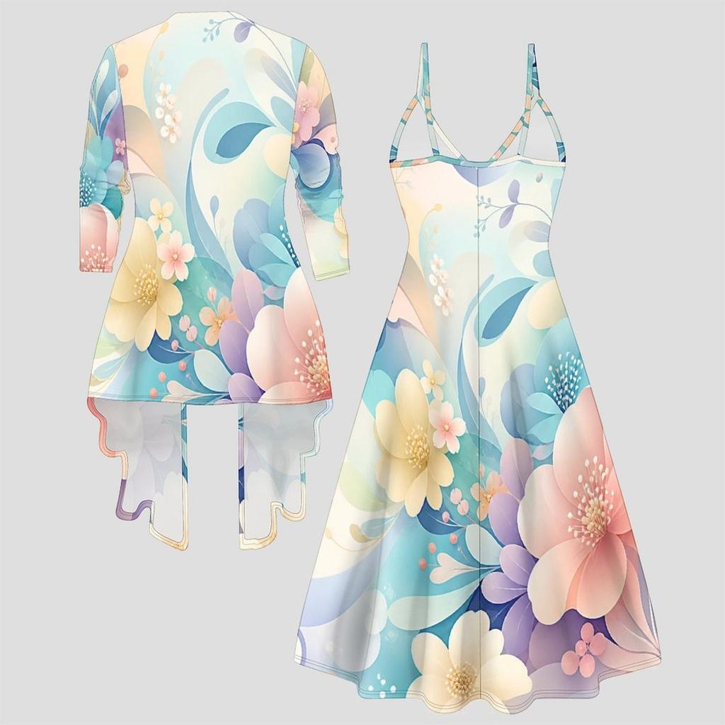Women Plus Size Two Piece Ensemble Long Sleeve Cardigan Cami Maxi Dress