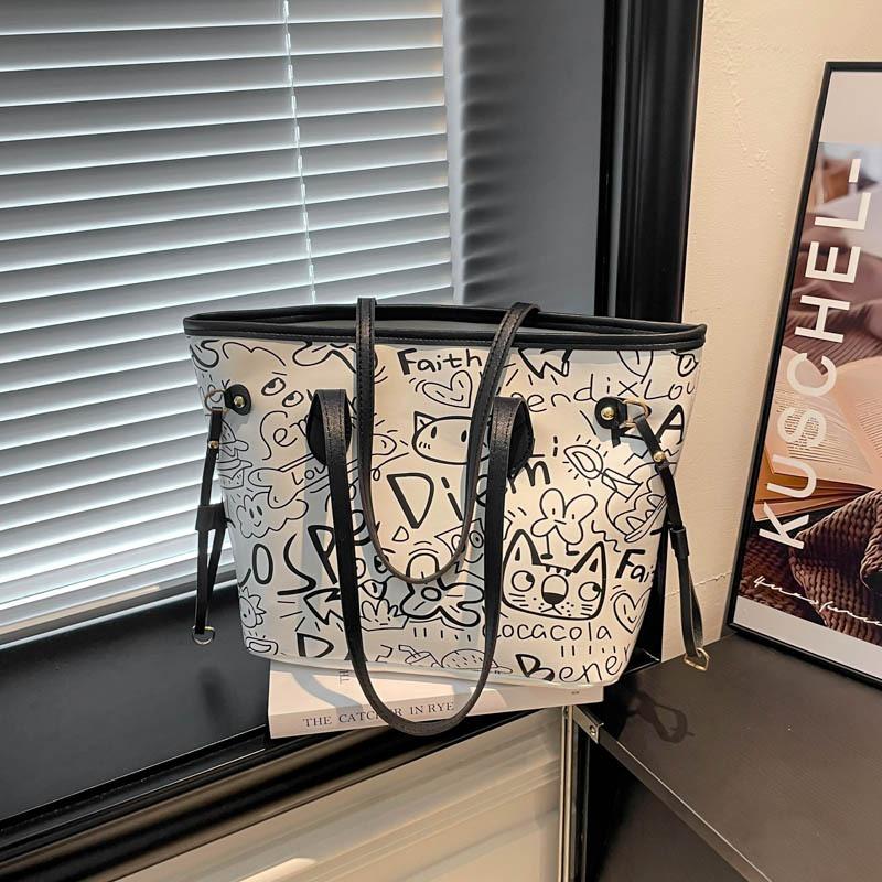 Graffiti Fashion Printed Handbag Women's Personality Casual Large Capacity Shoulder Bag Student Commuting Class Tote Bag