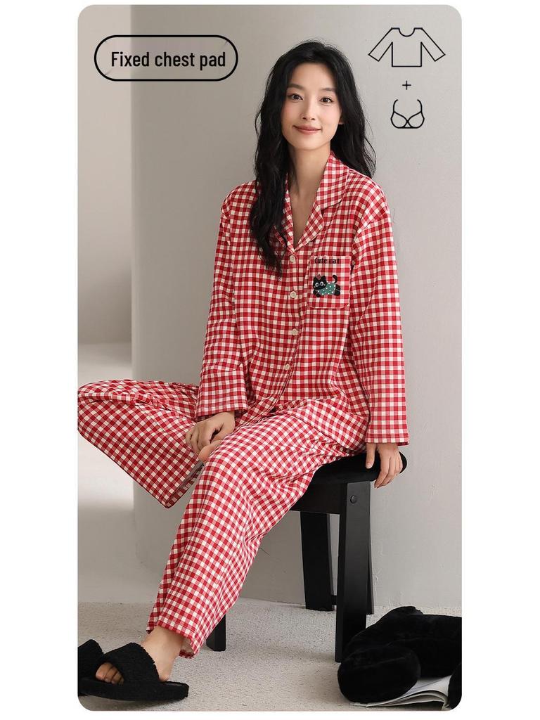 Women's Cute Cartoon Pajamas Set: Pure Cotton, Long Sleeve with Chest Pad, Plus Size, Suitable for Outdoor Wear, Autumn/Winter Cardigan.