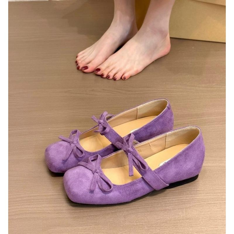 2025 Spring and Autumn New Elegant Style Mary Jane Purple Suede Double Bow Fashion Single Shoes Square Toe Height Increase