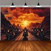 2D plane, 1 motorcycle-themed, sunset rock landscape pattern, suitable for adventure parties or trips