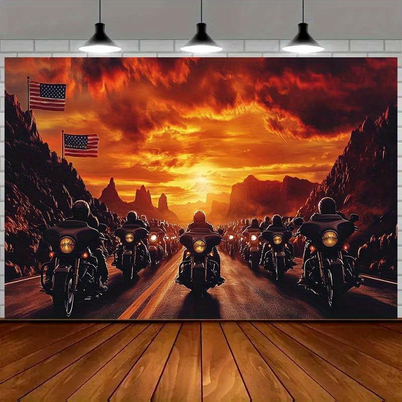 2D plane, 1 motorcycle-themed, sunset rock landscape pattern, suitable for adventure parties or trips