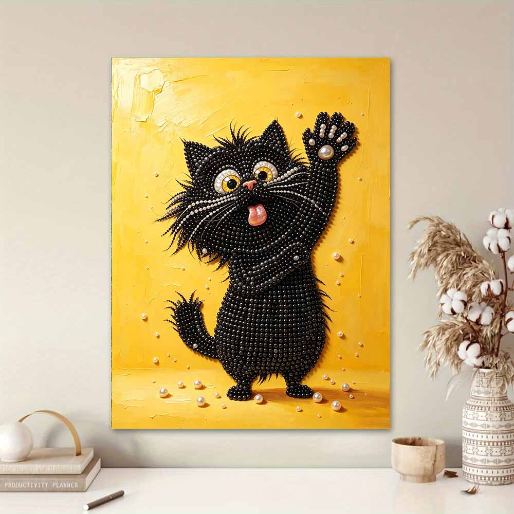 Framed Pearl Painting Kit Cute Black Cat 3D Shiny Bead Art Canvas for Bedroom Living Room Decoration Wall Hanging Craft Gift Supplies Set