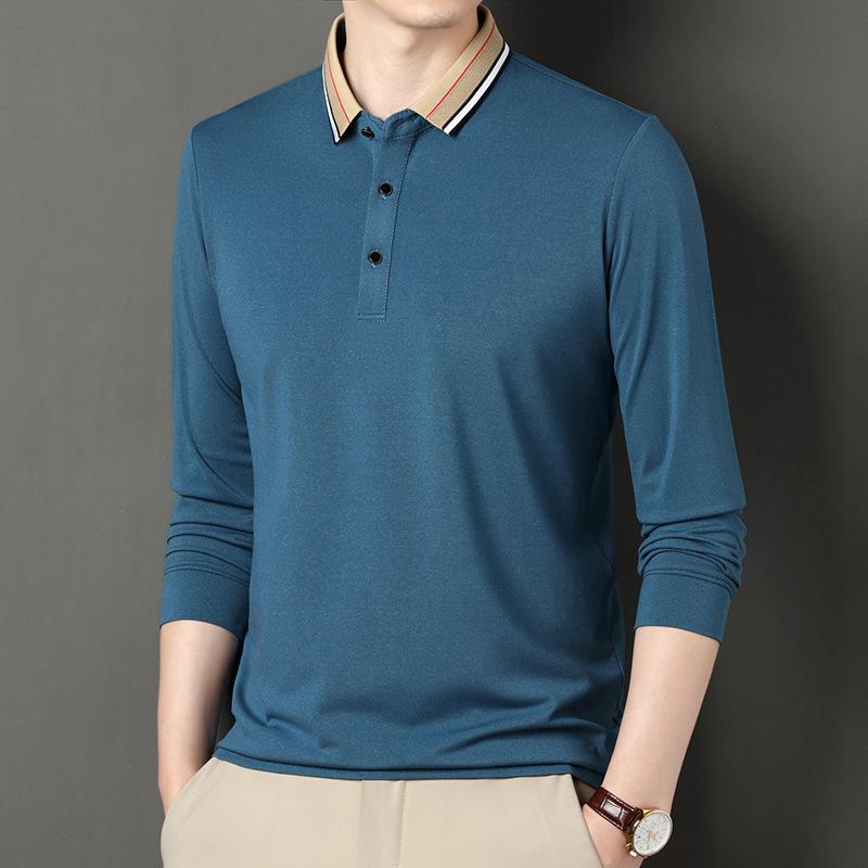 Jarní a podzimní nové pánské tričko s dlouhým rukávem jednobarevné spodní tričko pro mladé a středního věku tenké pánské oblečení klopa volné pólo tričko móda