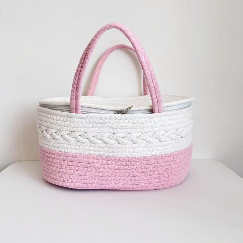 Baby Diaper Storage Basket With Cotton Material Portable Handwoven Organizer For Nursery Use