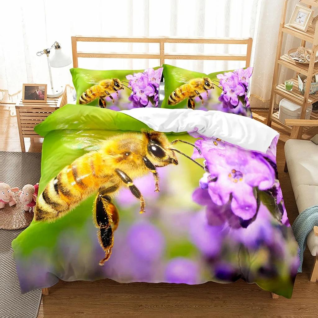 Yellow Bee Duvet Cover Set Cartoon Wild Animals Pattern Quilt Cover With Pillowcase Lightweight Soft Gift King Queen Full Size