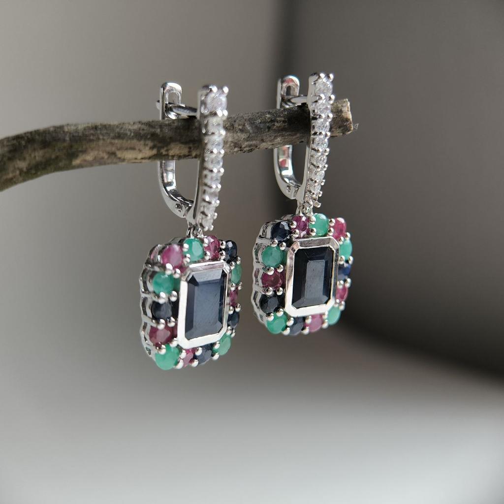 Silver Earrings with Natural Sapphire 4.05ct, Emerald, Ruby (2182399)