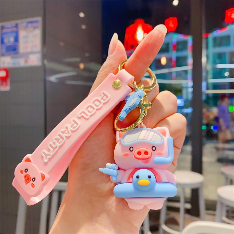 Cartoon Pig Frog Summer Pool Party Keychain: Cute Couple Gift