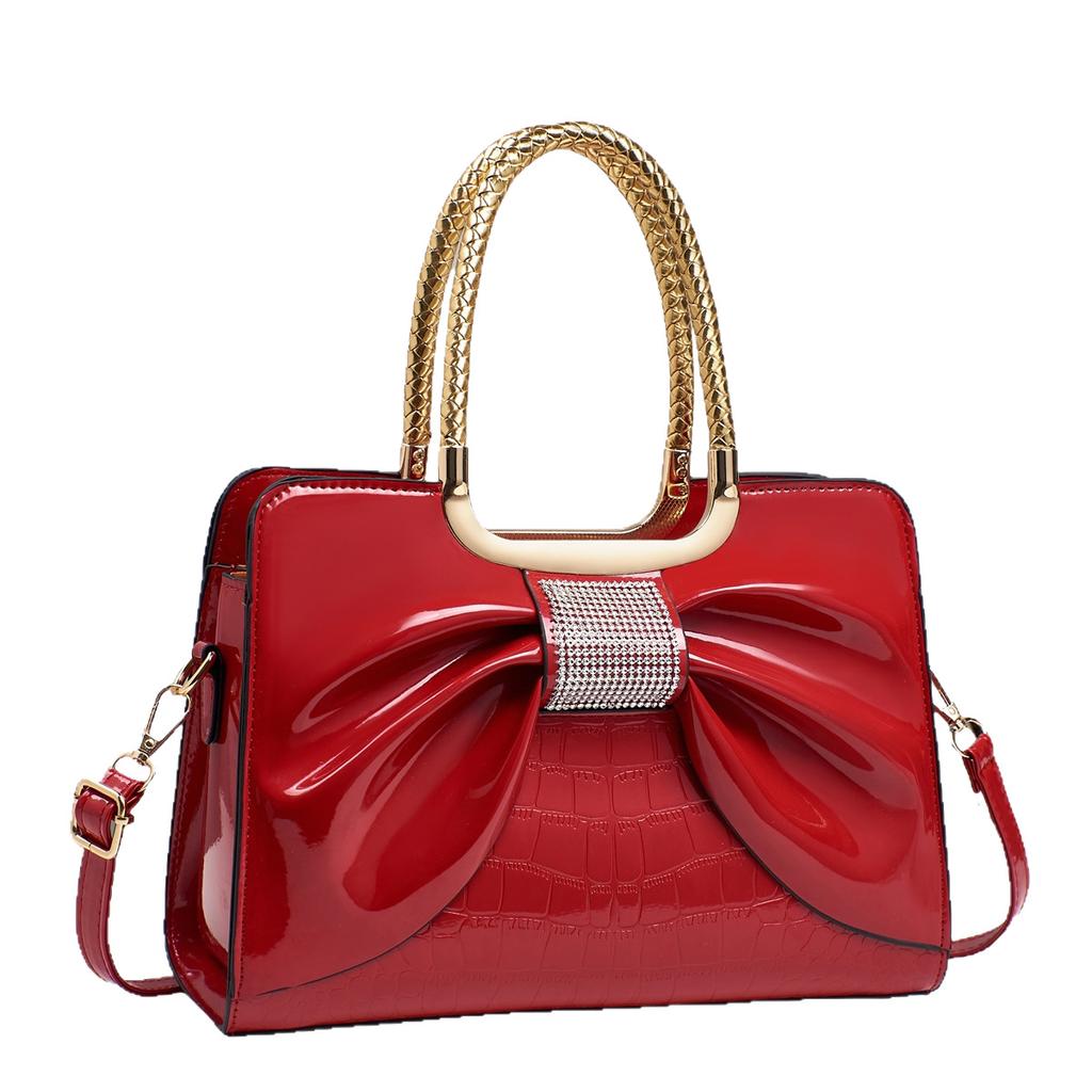 Patent Leather Bow Handbag, Decorated Top Handle Bag, Women's Formal Shoulder Crossbody Purse