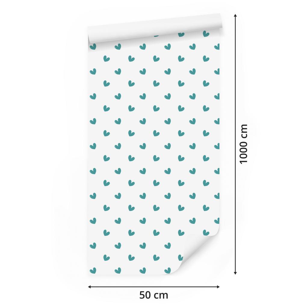 Heart Wallpaper White, Turquoise, Celadon and Light Gray 50x1000