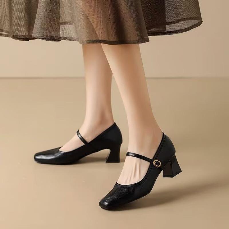 Fashion French Vintage High Heels 2025 New One Strap Single Shoes Women's Square Toe Block Heel Mary Jane Leather Shoes