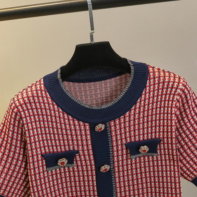 Ženy Léto Nová značka Design s výstřihem do O výstřih Diamonds Knoflík Mřížka Pletené svetry Retro Hit barva Krátký rukáv Tenký svetr