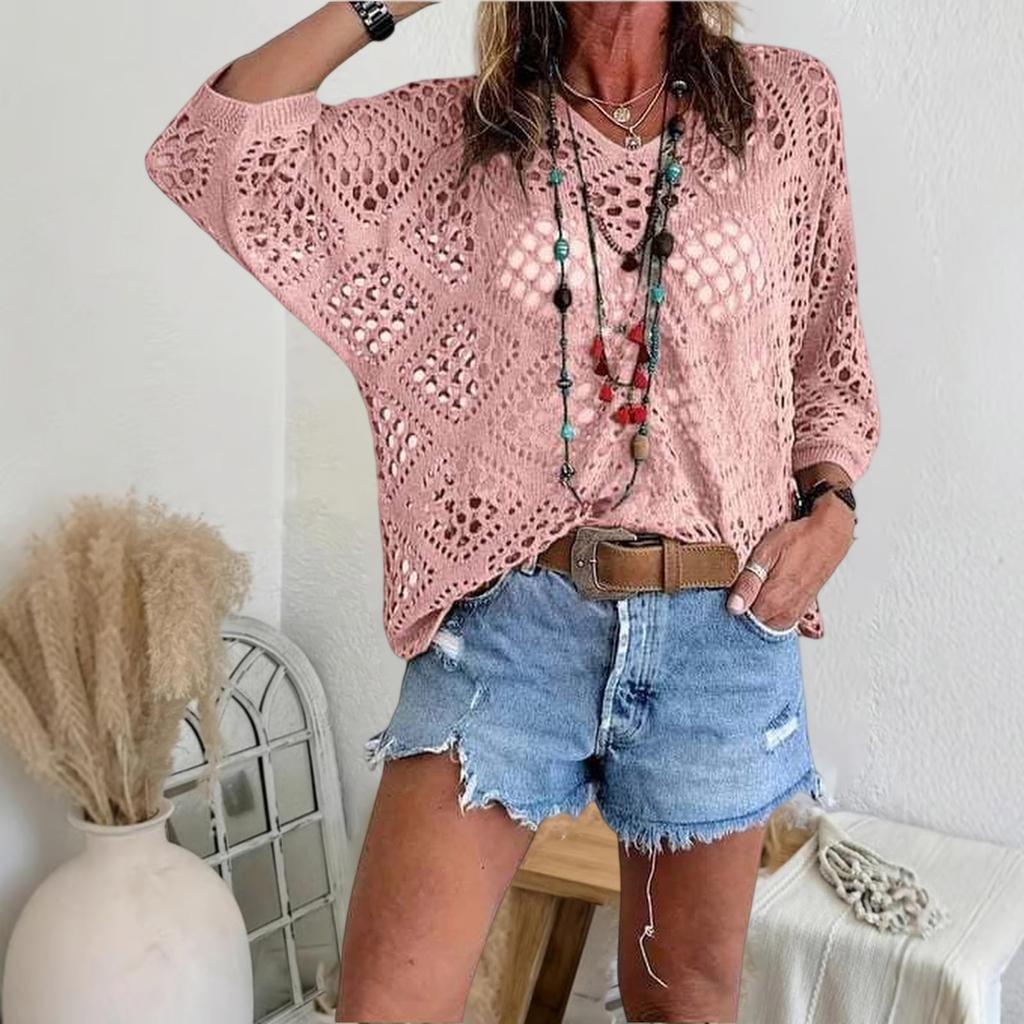 Women's V-neck Diamond-shaped Openwork Sleeve Sweater Cardigan Knitted Top