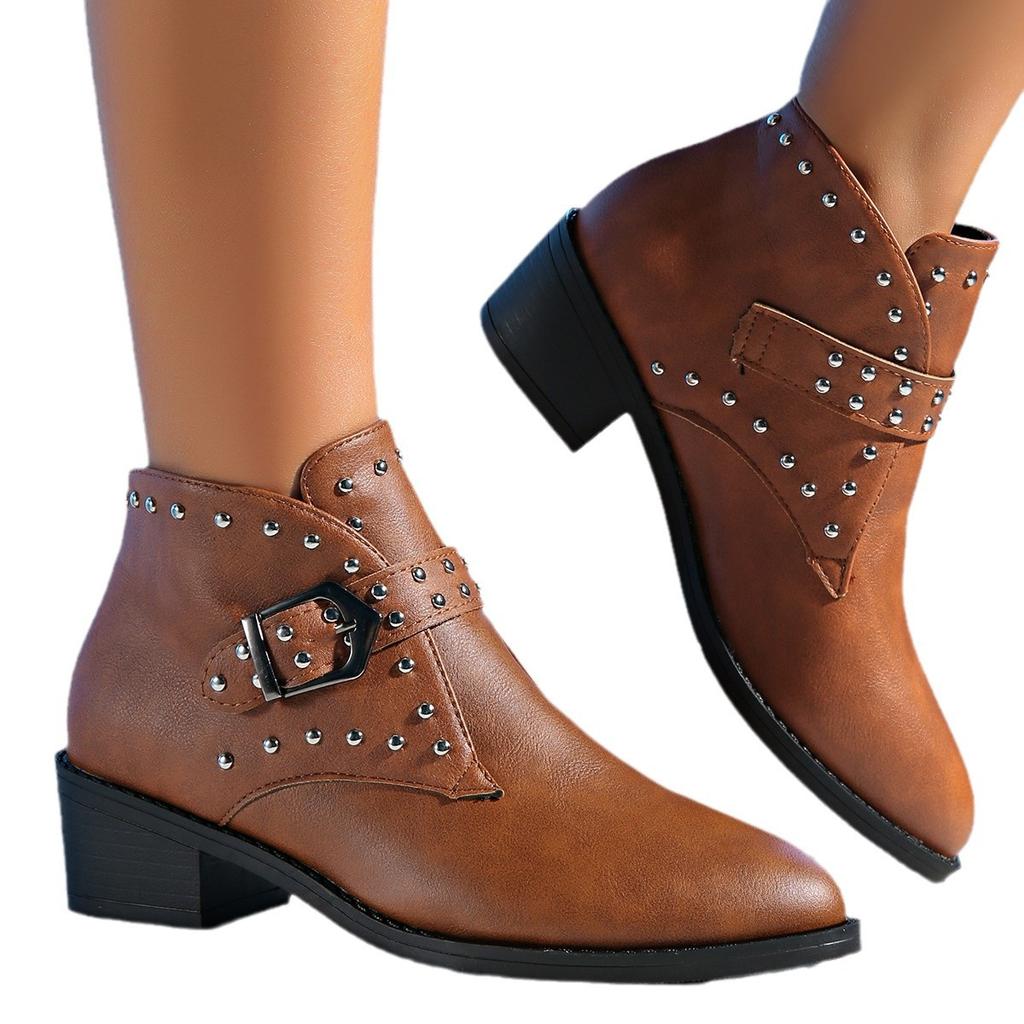 Mode 2025 Neue Retro Spitzschuh Leder Dicke Absätze Damen Chelsea Boots Schwarz Braun Moderne Schuhe Nieten Gürtelschnalle Stiefelette