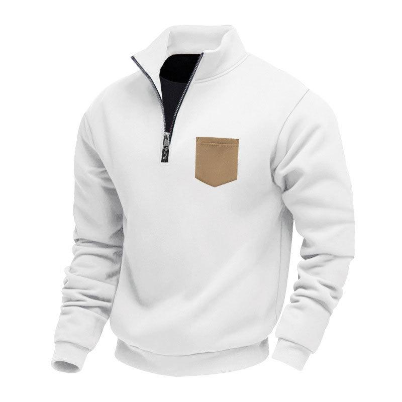 New Autumn/Winter Heavyweight Fleece-Lined Oversized Solid-Colour Patch Pocket Half-Zip Stand-Up Collar Men's Sweatshirt
