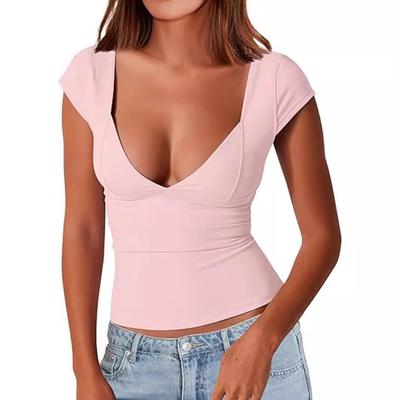 Sommer Damenmode Queen Damen Sexy Tiefes V-Ausschnitt Neckholder Top Kurze Ärmel Schlankes T-Shirt Basic