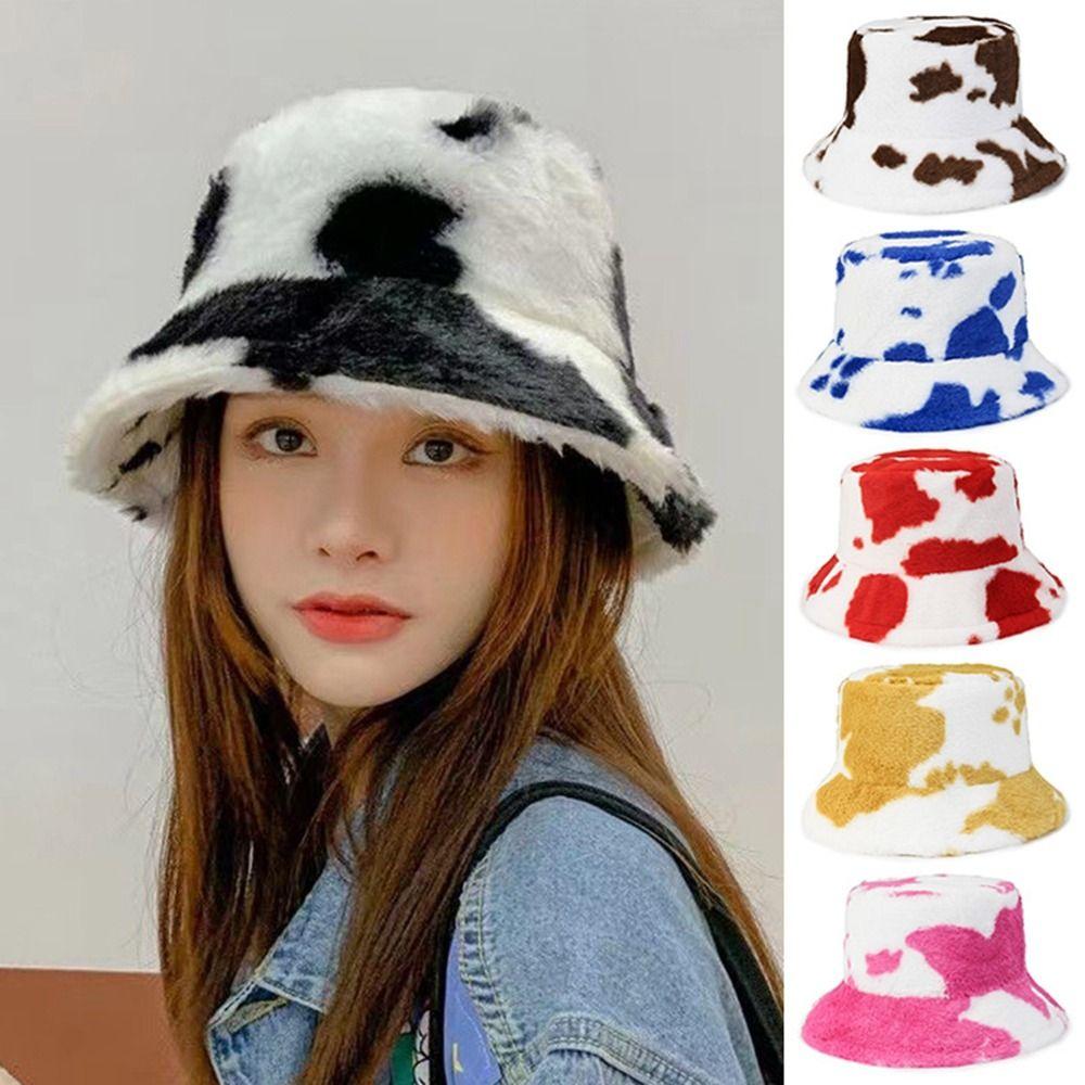 Hats Ski Hat For Women Lamb Plush Female Hats Flannel Bucket Hat Cow Print Caps Korean Style Caps