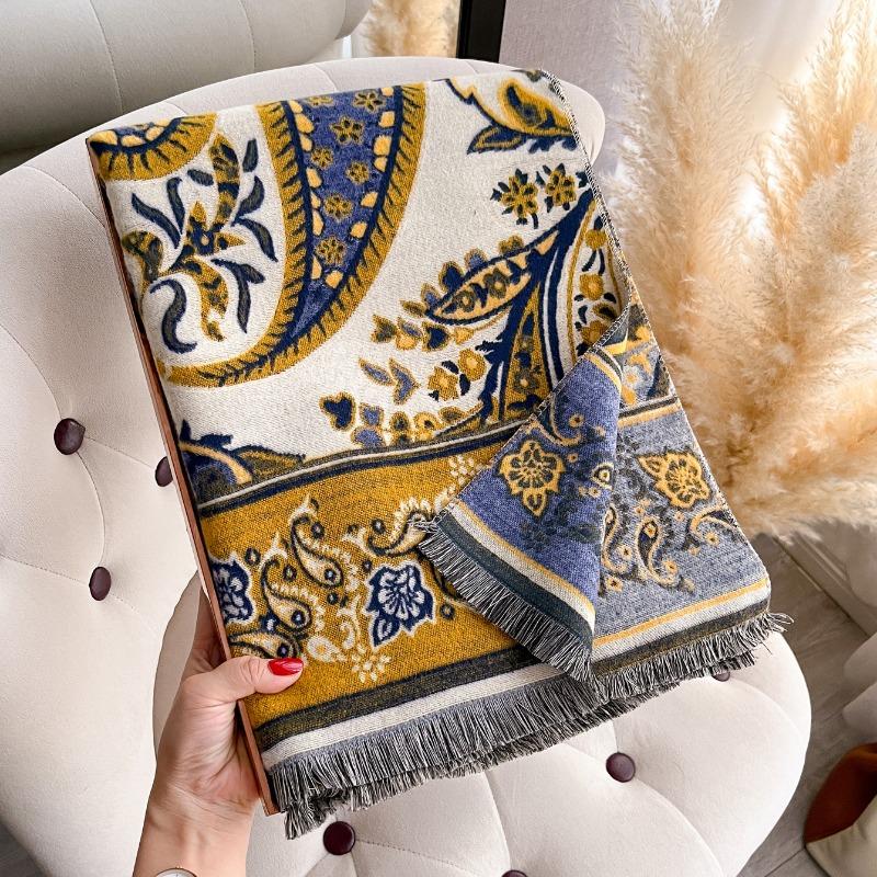 Ethnic Printed Faux Cashmere Scarf Winter Warm Thick Shawl For Women