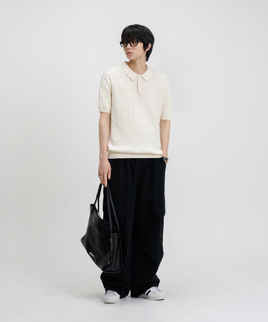 LEMAIN SECOND Oversized Washable Collared Cable Short Sleeve Knit [Ivory]