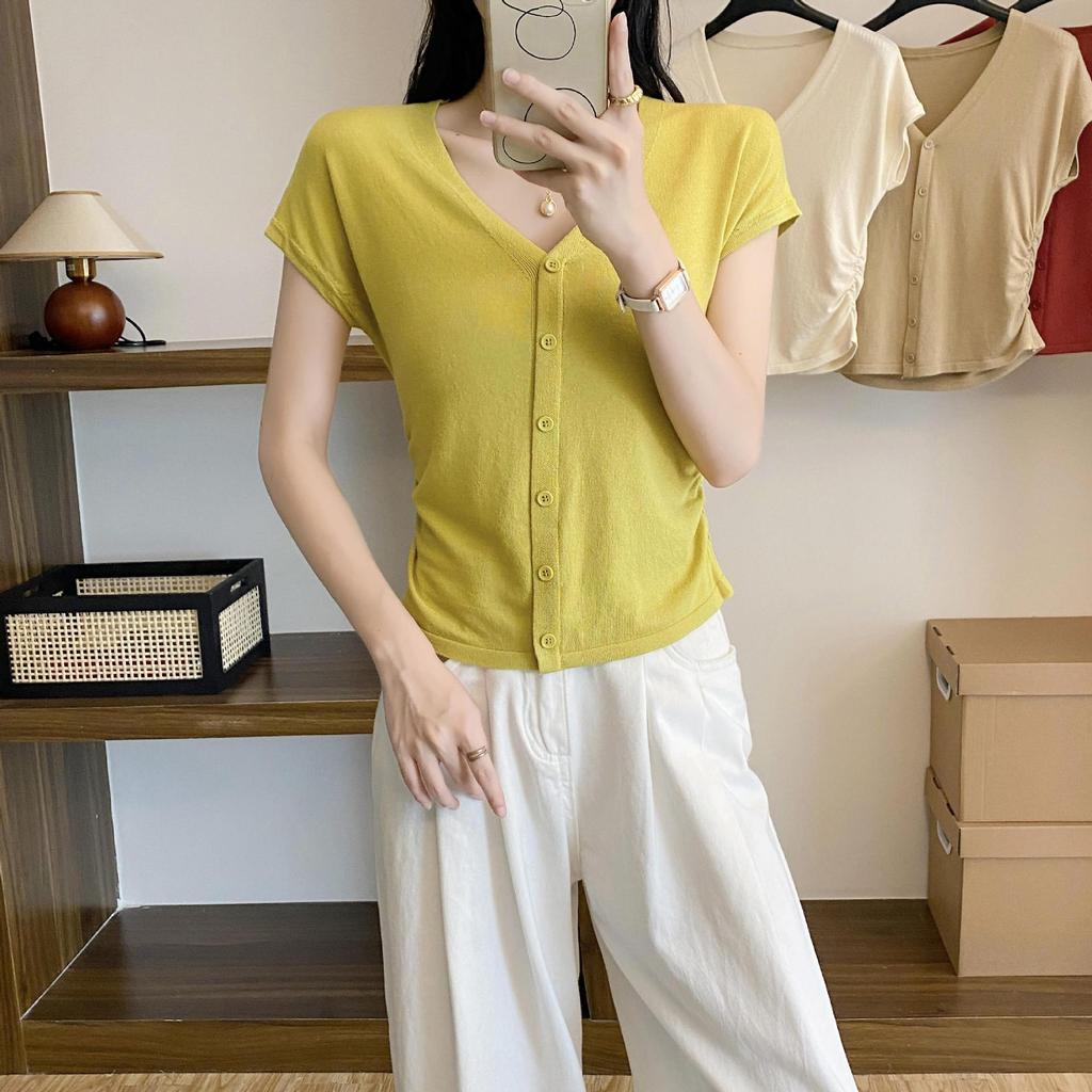 French V-neck bottoming waist small flying sleeves women's thin new chic fashion slim and thin short foreign style shirt