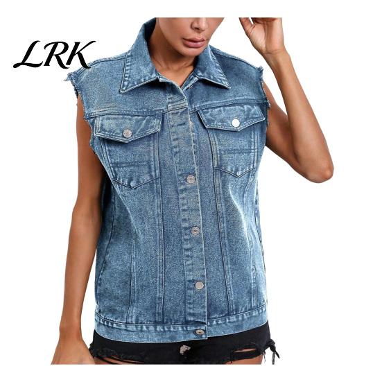 Casual Sleeveless Vest Women Demin for Summer, Button Down Jean Frayed Jacket, Lapel Waistcoat Top with Pockets L