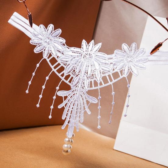 Women G-string Flower Embroidery Tassel Solid Color Hollow Out Faux Pearl Decor Spaghetti