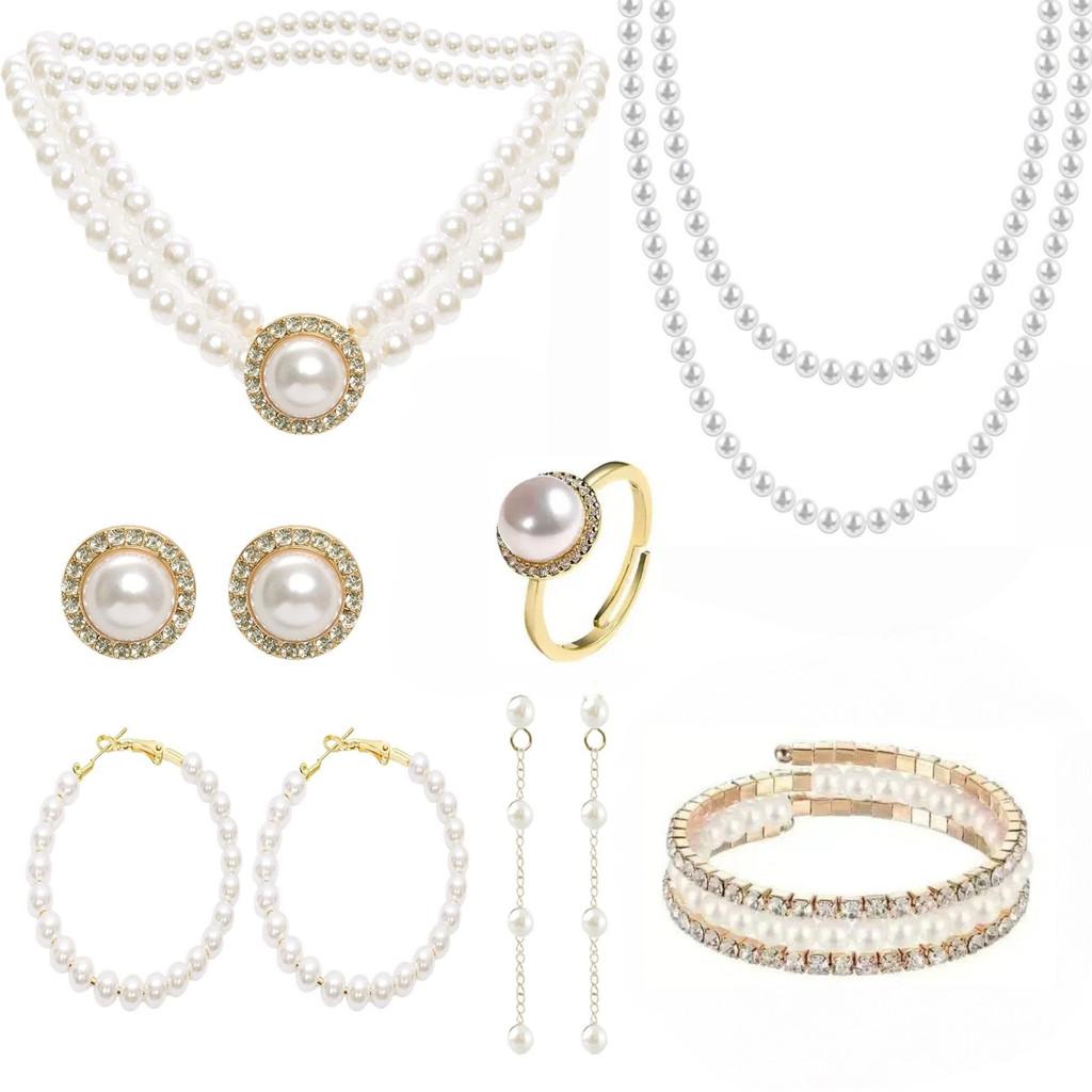 Vintage Chic Artificial Pearl Necklace And Earrings Set For Party Wear With Geometric Design