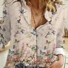 European and American Casual Loose Floral and Butterfly Print Collared Shirt