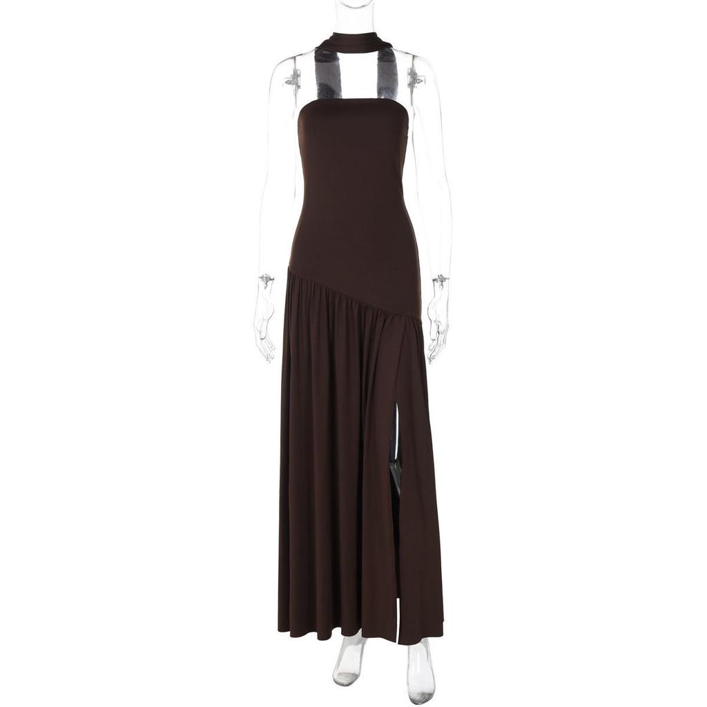 European & American Elegant Off-Shoulder Slim Fit Slit Dress with Ribbon Back