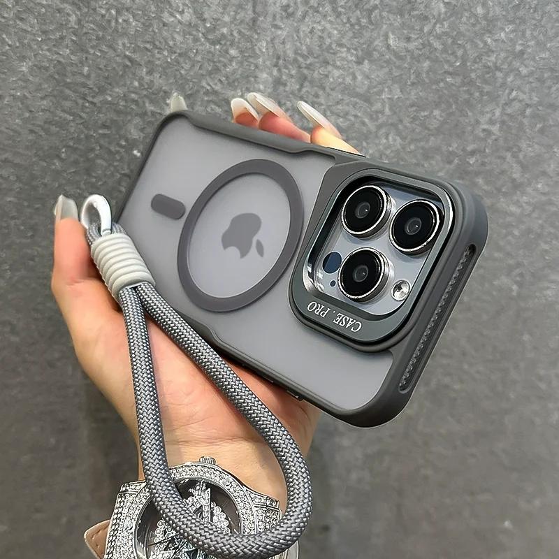 Objektyvo laikiklis Magnetinis Matinis Telefono Dėklas iPhone 16 15 Plus 14 13 12 Pro Max Riešo Dirželis Minkštais Kraštais Silikoninis Smūgiams Atsparus Viršelis