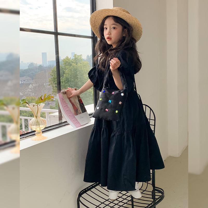 Summer 2025 Girls' Puff Sleeve Princess Dress – Korean Style Short Sleeve Big Skirt