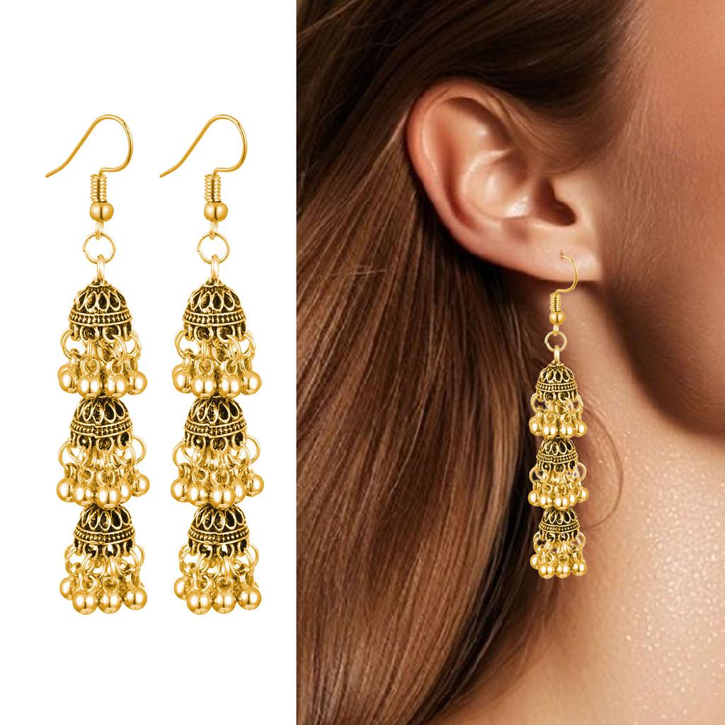 Pair Of Alloy Made Bohemian Style Dangling Earrings With Three Layer Hollow Out Bell Tassels For Versatile Outfits And Special Event