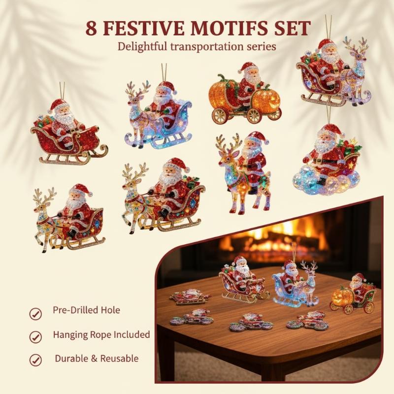 8/16Pcs 2D Flat Santa Claus Ornaments Wooden Deer Christmas Tree Ornaments Holiday Pendants Shiny Beautiful Xmas Hanging Party