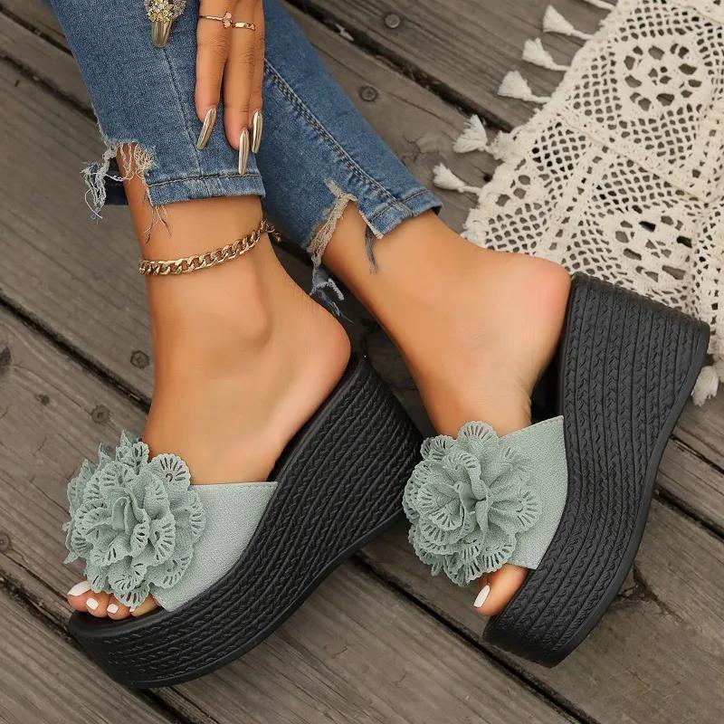 Fashion 2025 Plus Size Ladies Shoes Open Toe Women's Slippers Platform Casual Slippers Women Floral Round Toe Super High Wedges Sandal