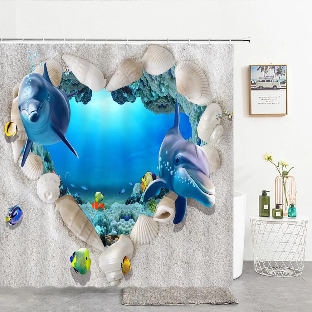 

Ocean World Animal Dolphin Shower Curtain Waterproof Polyester Bathroom Shower Curtains Cute Fish Bathroom Decoration Send Hooks W60H190(CM)-1 Pcs