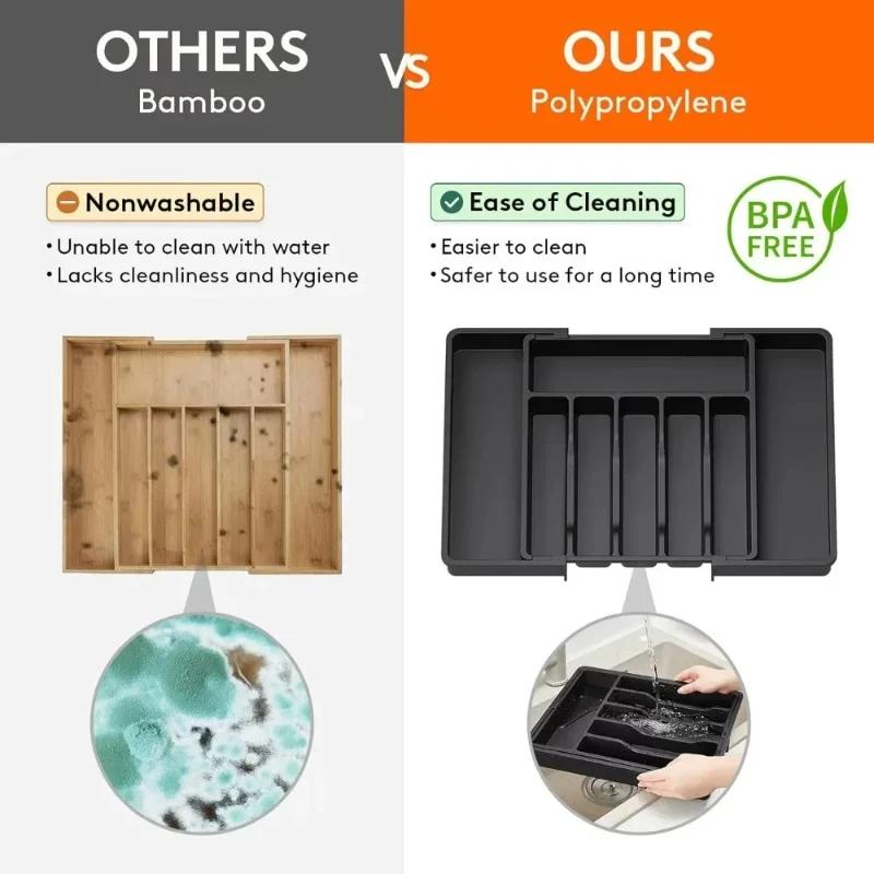 Organizer na sztućce, rozszerzalna tacka na przybory kuchenne, regulowana plastikowa półka na łyżki, widelce, noże