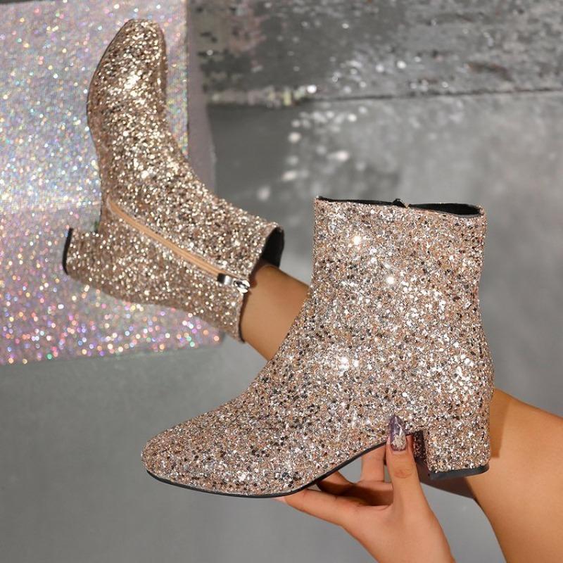 Large size medium heel sequined fashion women's boots autumn new side zipper silver versatile fashion boots