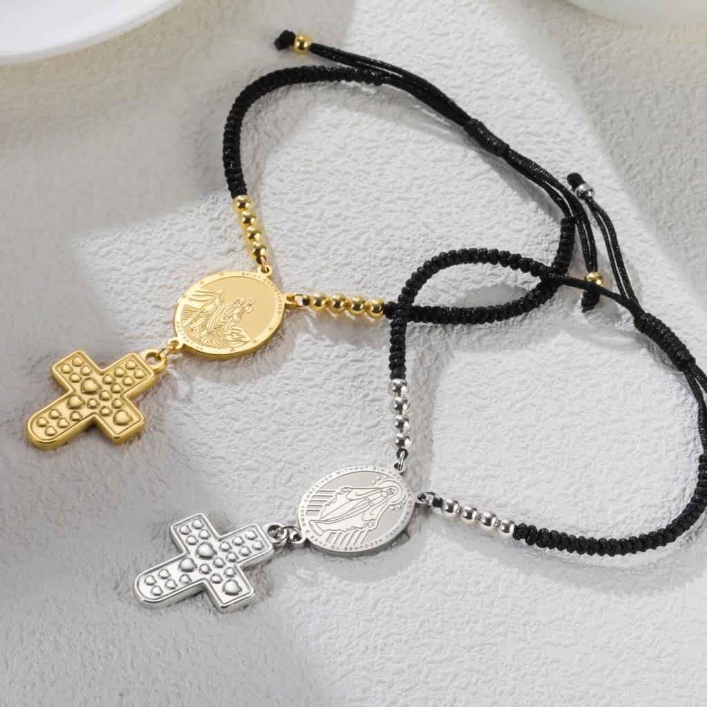 Teamer Saint Christopher Virgin Mary Emboss Heart Cross Pendant Beads Bracelet Stainless Steel Red Black Rope Chain Jewelry