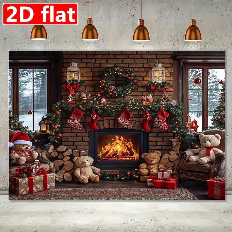 

2D Christmas Fireplace Backdrop, Cozy Teddy Bear & Stockings Photography Background 47.2x31.5inch/120*80cm