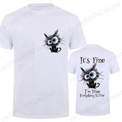 Alles ist gut Schwarze Katze Druck Damen Herren T-Shirt, Weiches Atmungsaktives Rundhals Kurzarm T-Shirt, Unisex Lustige Schrullige Stil Tops
