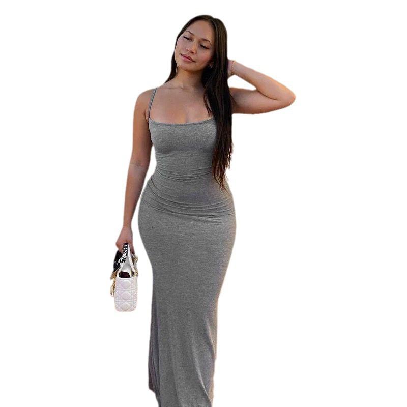 European American SKIMS Solid Color Slimming Spaghetti Strap Mermaid Bodycon Dress