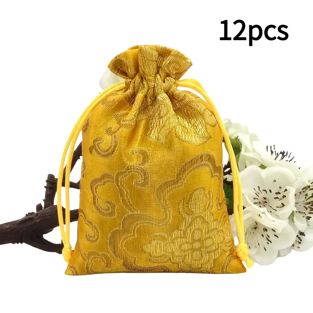 12pcs Traditional Chinese Jewelry Pouches with Drawstring-Multi-Layer Portable Brocade Bags for Beads&Bracelets,Decorative Pouch