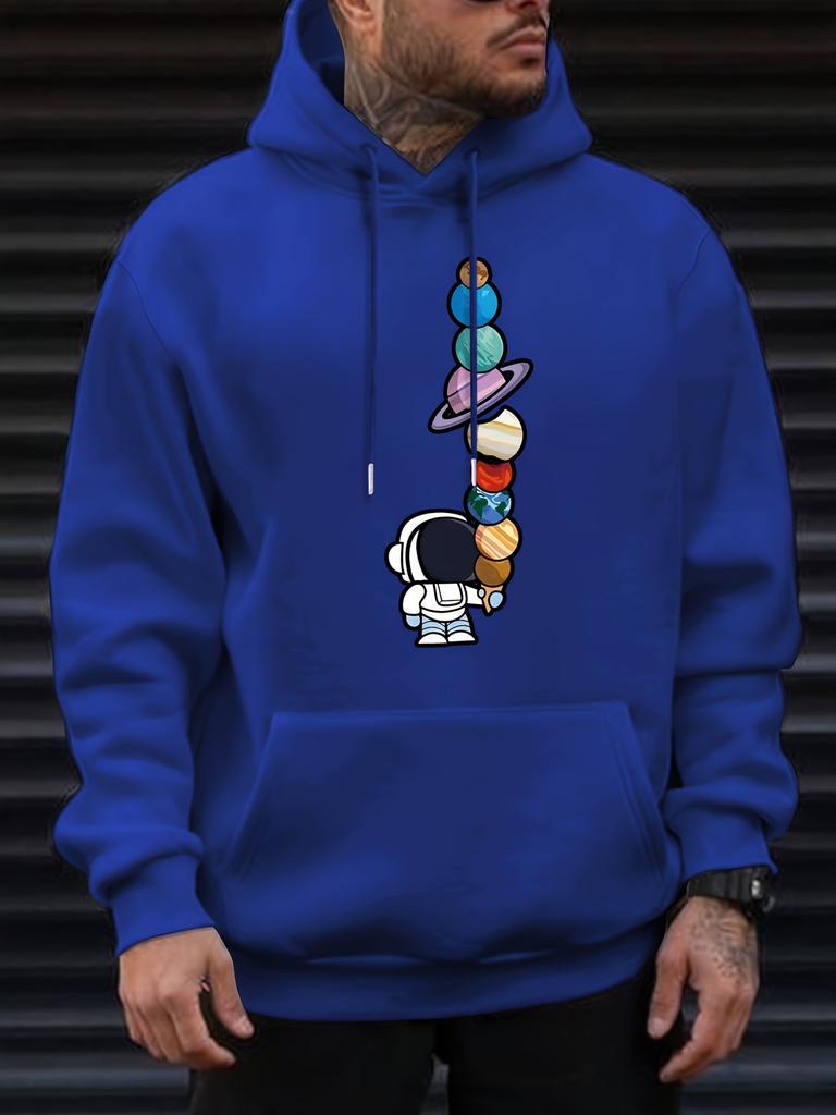 Space Theme Cute Astronaut Stacked Planet Ice Cream Graphic Men's Bright Yellow Hoodie, Hip Hop Sports Daily Loose Pullover Sweatshirt